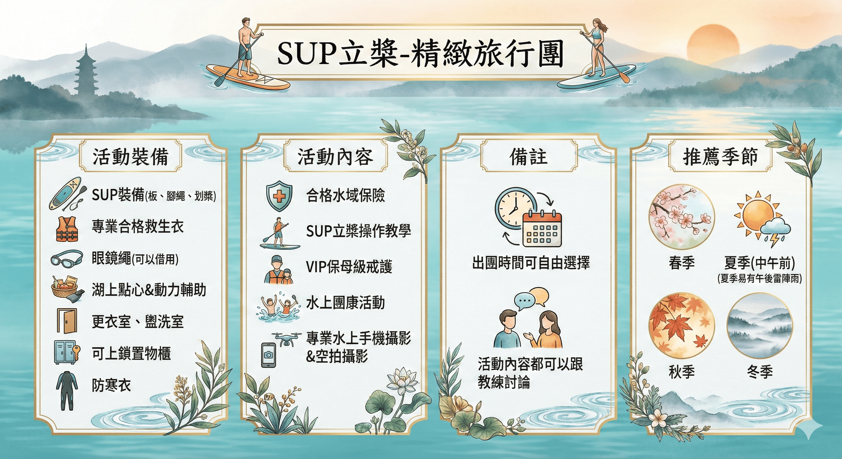 SUP立獎-精緻旅行團;活動裝備:SUP裝備,專業合格救生衣,眼鏡繩(可以借用),更衣室,盥洗室,可上鎖置物櫃,防寒衣;活動內容:合格水域保險,SUP立獎操作教學,專業水上攝影,水上團康活動,空拍攝影(需加購);備註:出團時間依季節調整,活動內容可以和教練討論